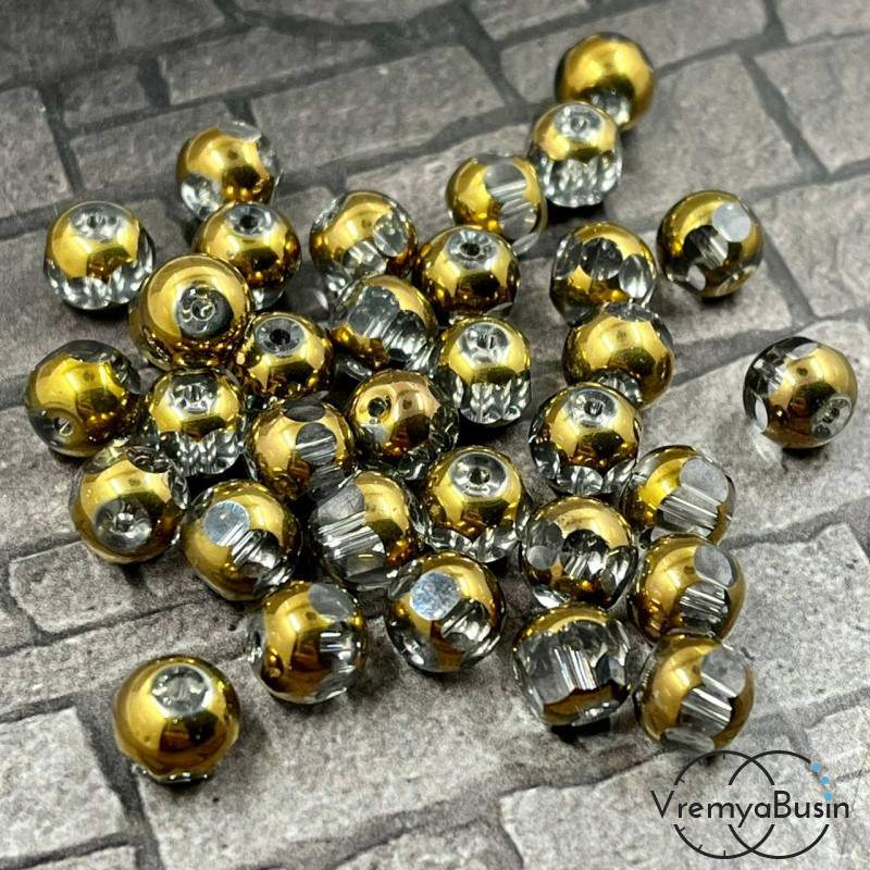 Бусины шарики с напылением, 8 мм, цв. прозрачный с золотом (1 шт.)