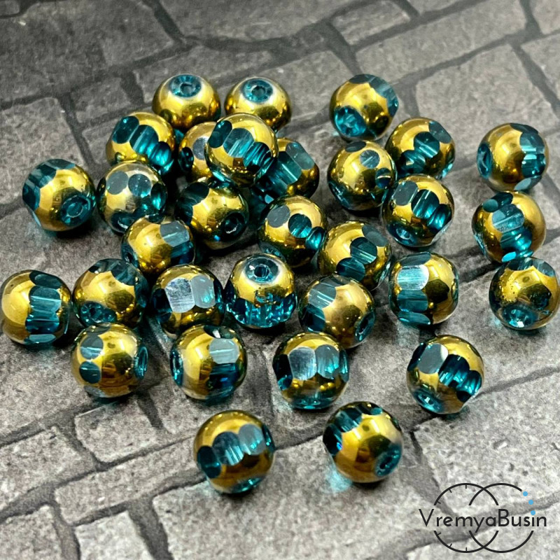 Бусины шарики с напылением, 8 мм, цв. бирюзовый с золотом (1 шт.)