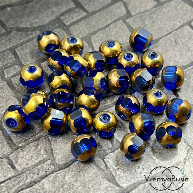 Бусины шарики с напылением, 8 мм, цв. синий с золотом (1 шт.)