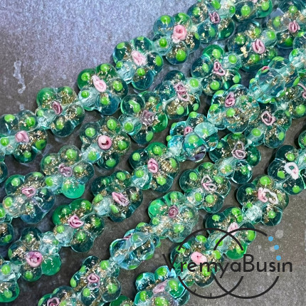 Бусины из стекла лэмпворк, цветочек 14х15х10 мм, цв.  бирюзовый    (1/2 нити, ок. 10 шт.)