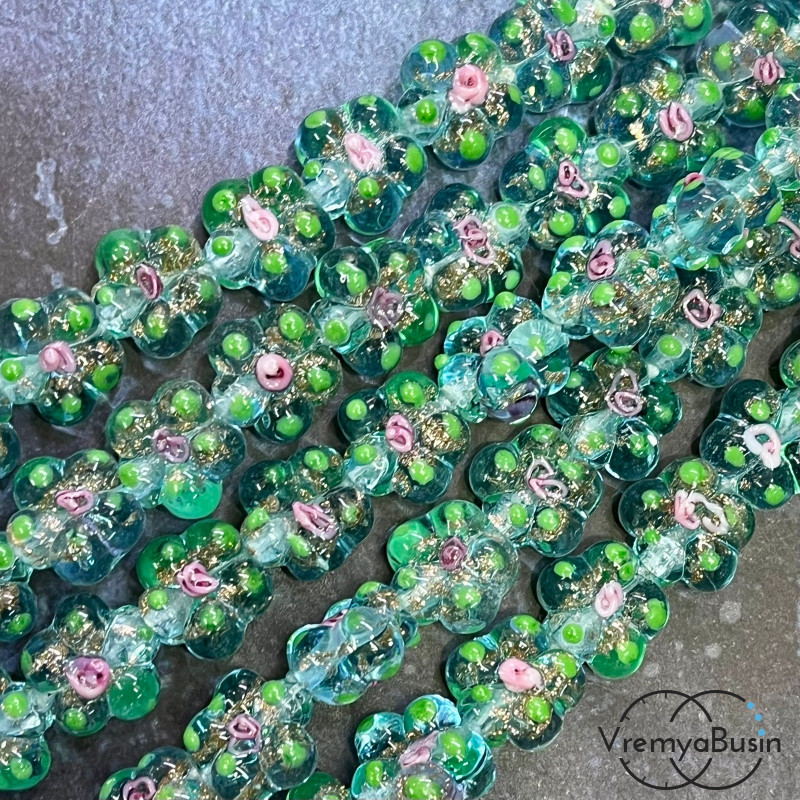 Бусины из стекла лэмпворк, цветочек 14х15х10 мм, цв.  бирюзовый    (1/2 нити, ок. 10 шт.)