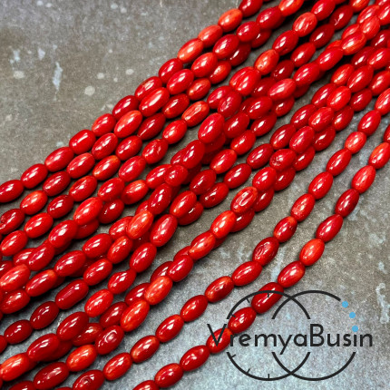 Коралл натуральный, бусина рис ок. 5х8 мм, цв. красный (нить, ок. 40 см.)