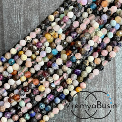Каменный бисер, микс самоцветов, шарики граненые 4 мм (нить, ок. 40 см.)