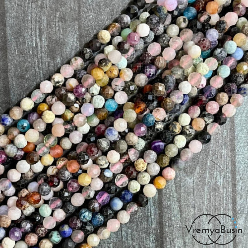 Каменный бисер, микс самоцветов, шарики граненые 4 мм (нить, ок. 40 см.)