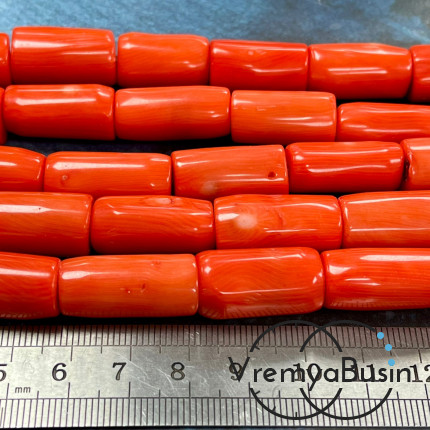 Коралл натуральный, бусина крупные трубочки, ок. 12х25 мм, цв. лососевый (нить, ок. 17-18 шт.)