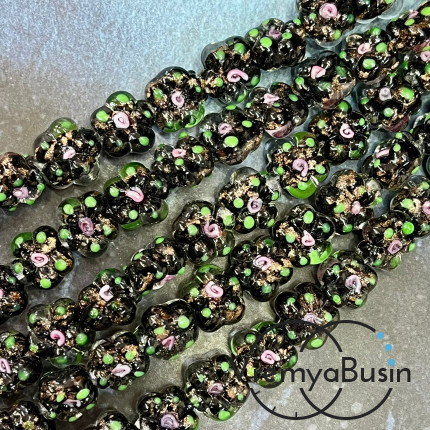 Бусины из стекла лэмпворк, цветочек 14х15х10 мм, цв.  черный    (1/2 нити, ок. 10 шт.)