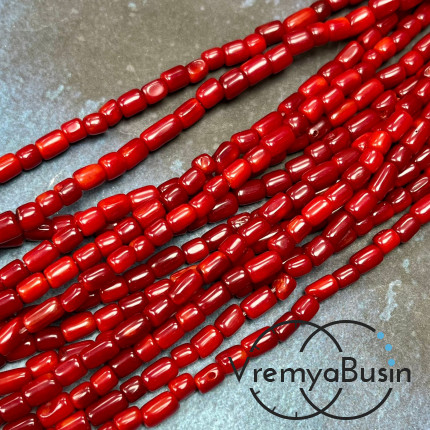 Коралл натуральный, бусины трубочки ок. 5х4-6 мм, цв. красный (нить, ок. 40 см.)