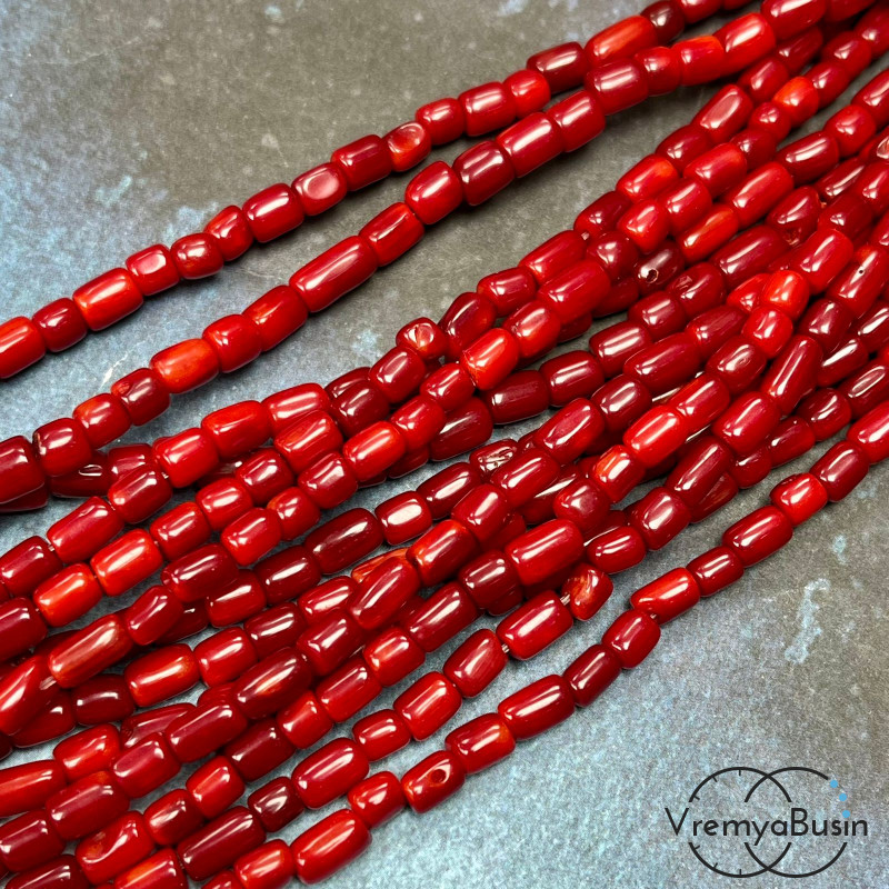 Коралл натуральный, бусины трубочки ок. 5х4-6 мм, цв. красный (нить, ок. 40 см.)