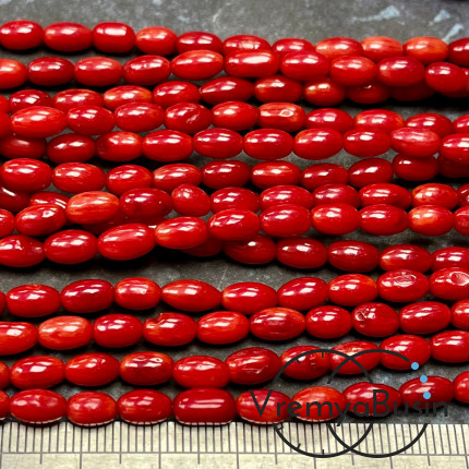 Коралл натуральный, бусина рис ок. 5х8 мм, цв. красный (нить, ок. 40 см.)
