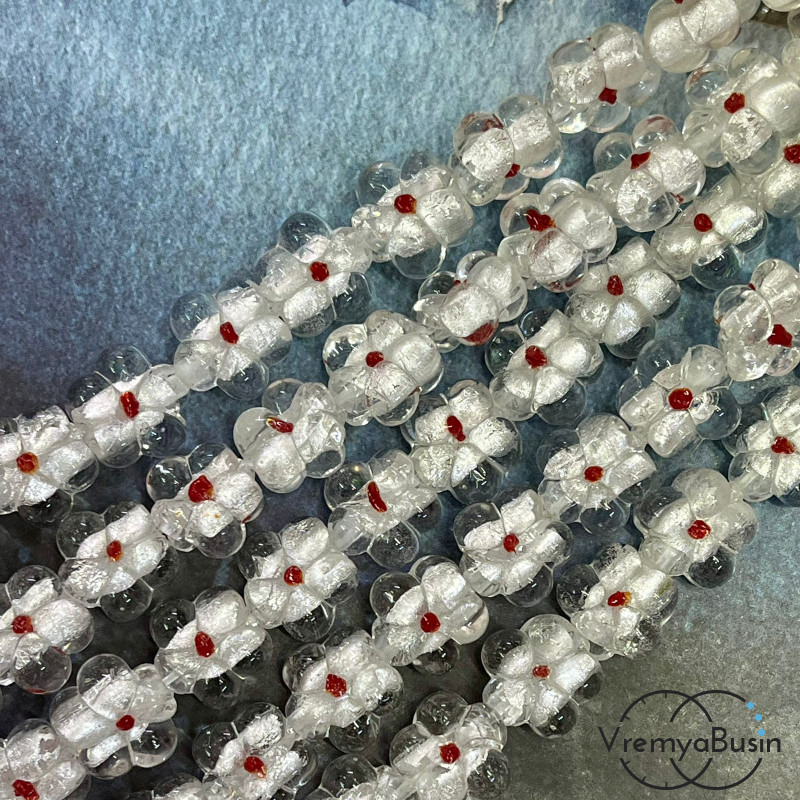 Бусины из стекла лэмпворк, цветочек 14х15х10 мм, цв.   белый  (1/2 нити, ок. 10 шт.)