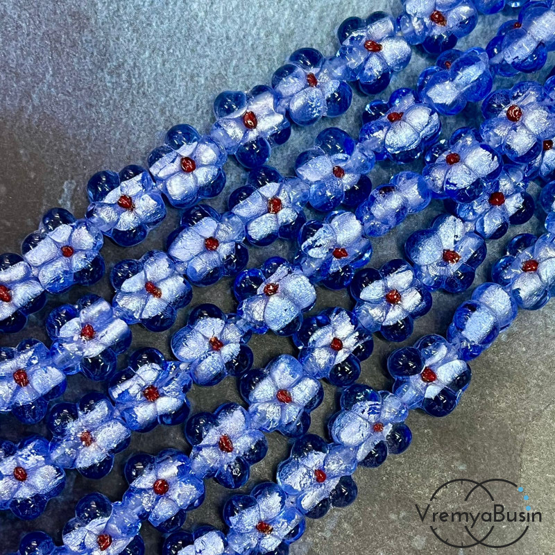 Бусины из стекла лэмпворк, цветочек 14х15х10 мм, цв. голубой     (1/2 нити, ок. 10 шт.)