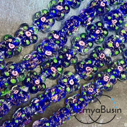 Бусины из стекла лэмпворк, цветочек 14х15х10 мм, цв.  синий    (1/2 нити, ок. 10 шт.)