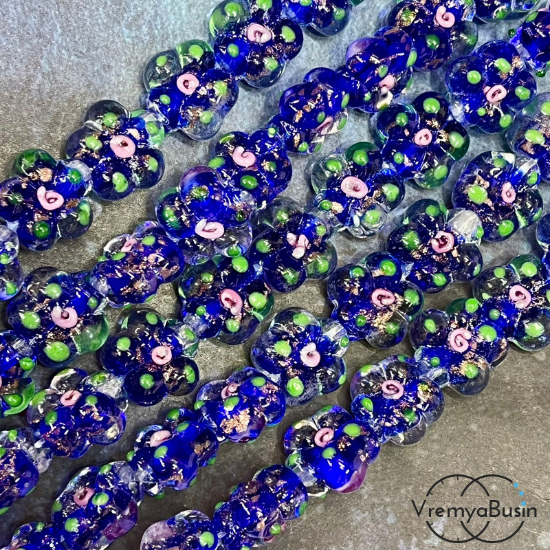 Бусины из стекла лэмпворк, цветочек 14х15х10 мм, цв.  синий    (1/2 нити, ок. 10 шт.)