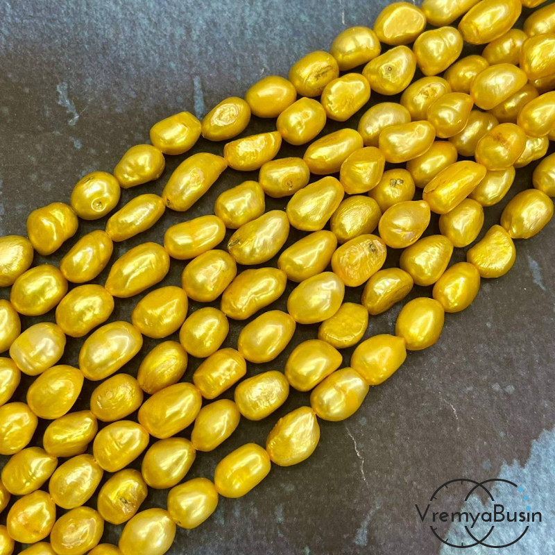 Жемчуг натуральный речной, барочный ок. 8х10 мм, тонир. цв. желтый (нить, ок.  38 шт.)