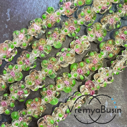 Бусины из стекла лэмпворк, цветочек 14х15х10 мм, цв.  кремовый    (1/2 нити, ок. 10 шт.)