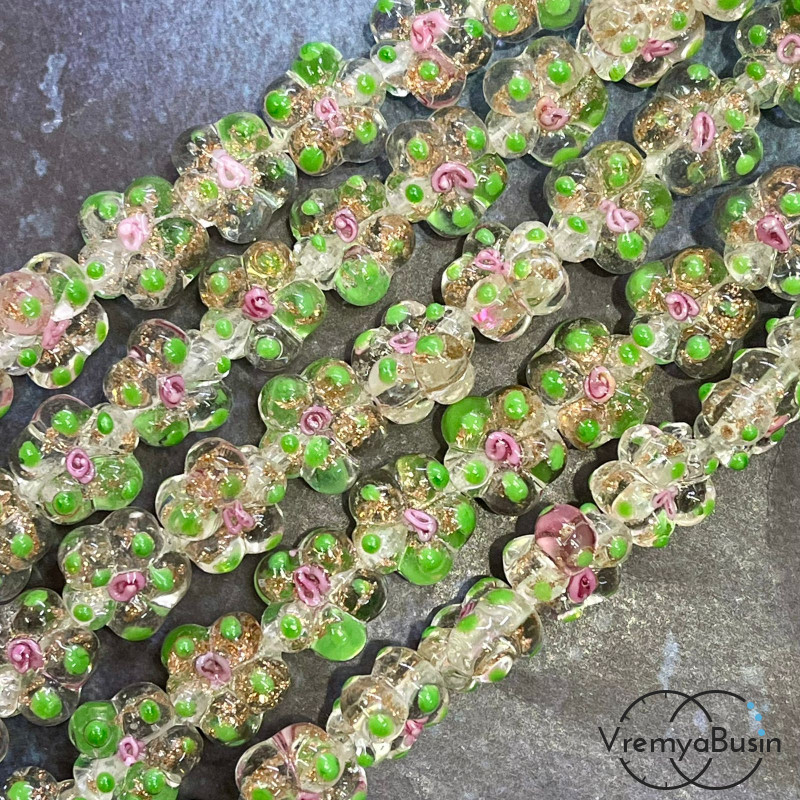 Бусины из стекла лэмпворк, цветочек 14х15х10 мм, цв.  кремовый    (1/2 нити, ок. 10 шт.)