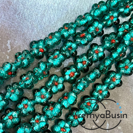 Бусины из стекла лэмпворк, цветочек 14х15х10 мм, цв. изумрудный     (1/2 нити, ок. 10 шт.)