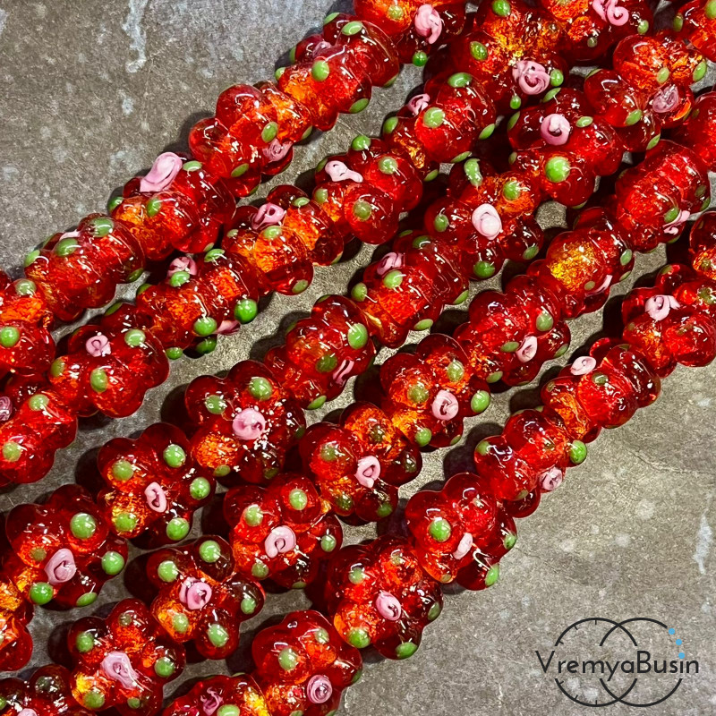 Бусины из стекла лэмпворк, цветочек 14х15х10 мм, цв.   красный  (1/2 нити, ок. 10 шт.)