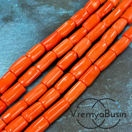 Коралл натуральный, бусина крупные трубочки, ок. 12х25 мм, цв. лососевый (нить, ок. 17-18 шт.)