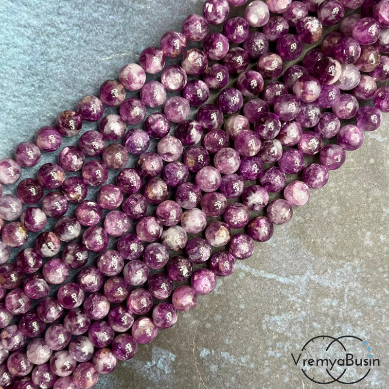 Лепидолит сливовый натур.,  бусины гладкие шарики ок. 6.5 мм (ок. 28 шт.)
