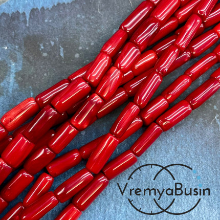 Коралл натуральный, бусина крупные трубочки, ок. 8х20 мм, цв. красный (нить, ок. 20 шт.)