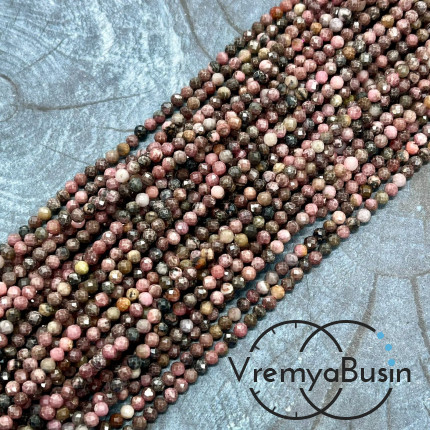 Родонит,  бусины шарики 3 мм с ювелирной огранкой  (нить, ок. 40 см.)