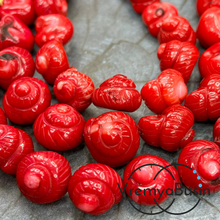Коралл натуральный, крупные резные бусины «Ракушки», ок. 15-18 мм, цв. красный (1/2 нити, ок. 12 шт.)