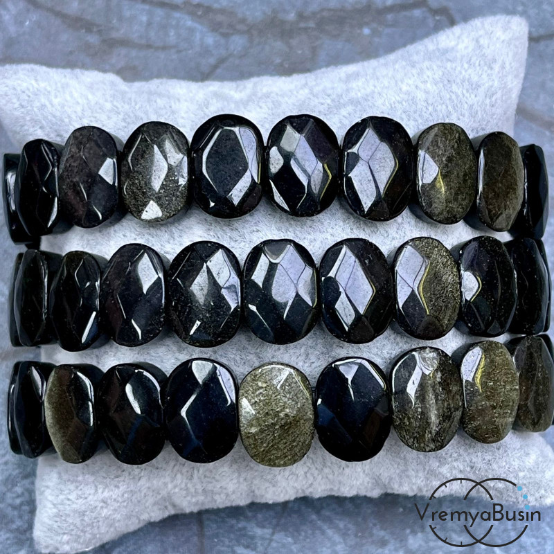 Обсидиан золотой. Бусины граненые с 2 отверстиями 10х14 мм (ок. 19 шт.)