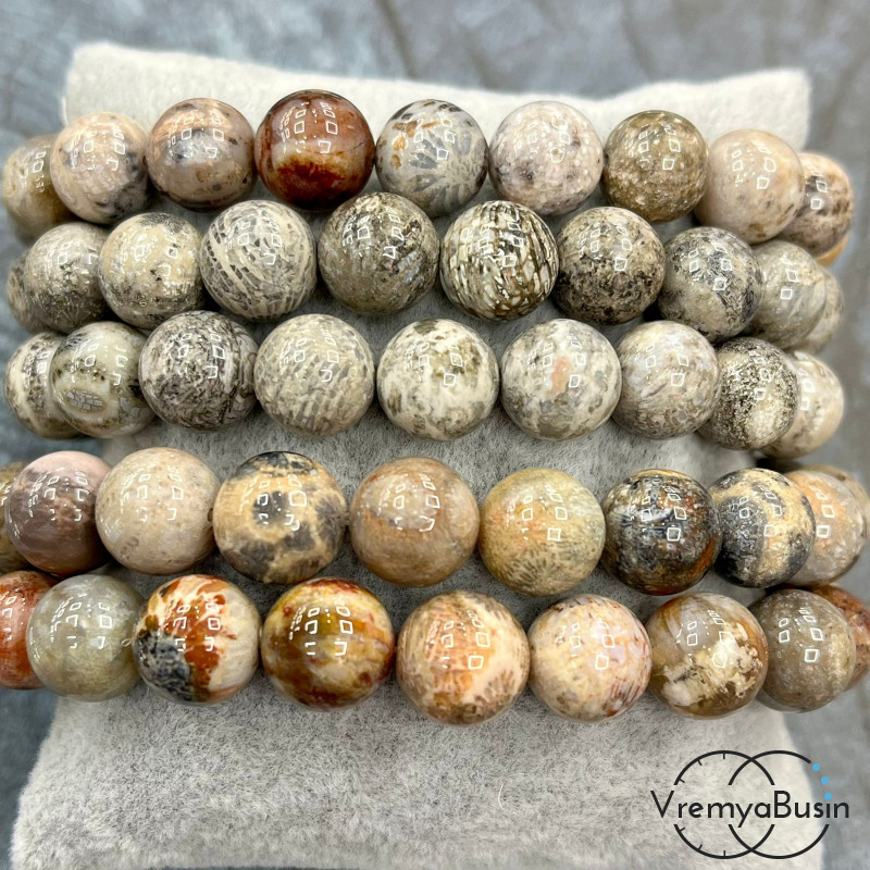 Коралл натуральный окаменелый, бусина шарик гладкий 10 мм (1/2 нити, ок. 19 шт.)