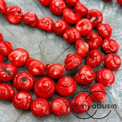Коралл натуральный, крупные резные бусины «Ракушки», ок. 15-18 мм, цв. красный (1/2 нити, ок. 12 шт.)
