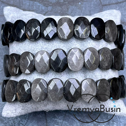 Обсидиан серебряный. Бусины граненые с 2 отверстиями 10х14 мм (ок. 19 шт.)