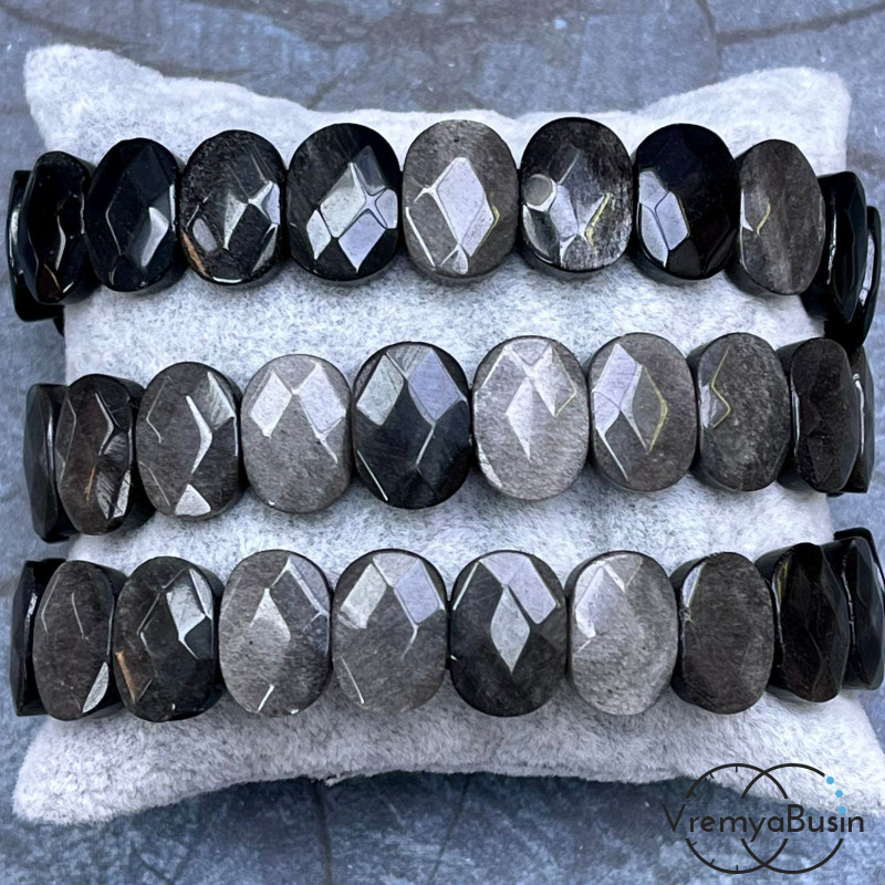 Обсидиан серебряный. Бусины граненые с 2 отверстиями 10х14 мм (ок. 19 шт.)