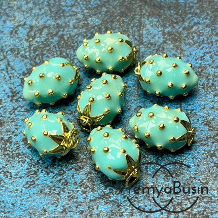 Подвеска  с эмалью "Клубничка", 12х17 мм, из латуни с позолотой, цв. бирюзовый  (1 шт.)