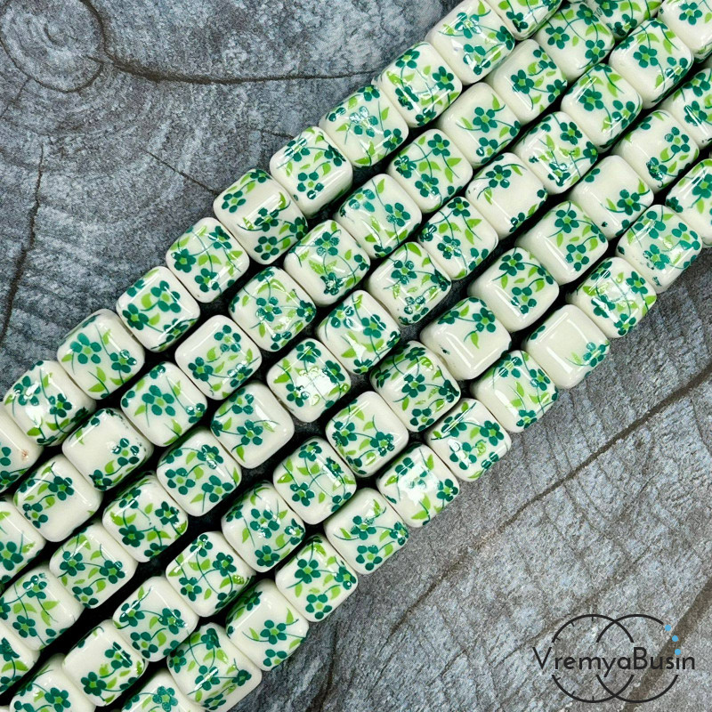 Бусина керамическая с рисунком, кубик  8 мм (нить, ок. 42 шт.)