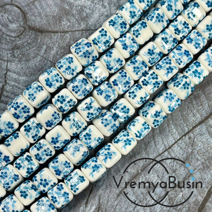 Бусина керамическая с рисунком, кубик  8 мм (нить, ок. 42 шт.)