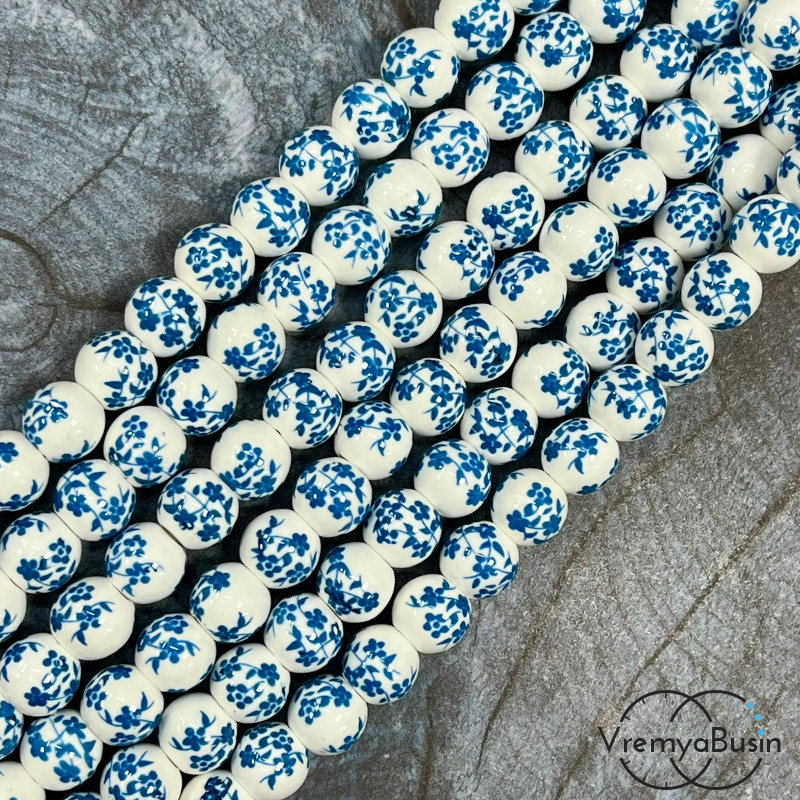 Бусина керамическая с рисунком, шарик  8 мм (нить, ок. 48 шт.)