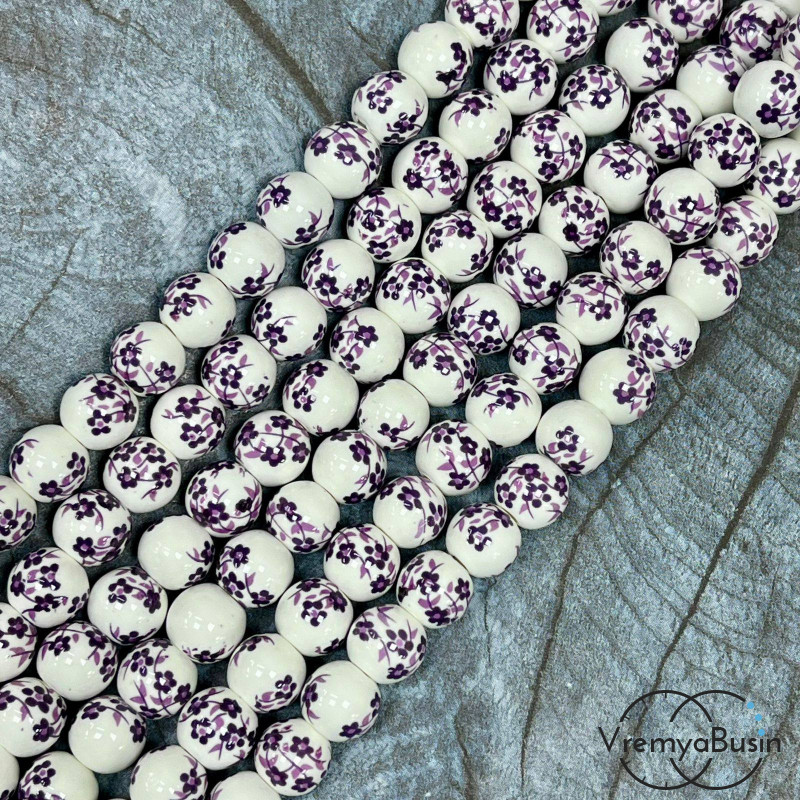 Бусина керамическая с рисунком, шарик  8 мм (нить, ок. 48 шт.)