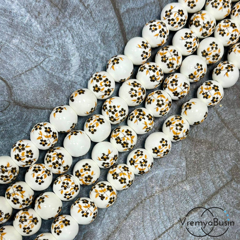Бусина керамическая с рисунком, шарик  10 мм (нить, ок. 38 шт.)