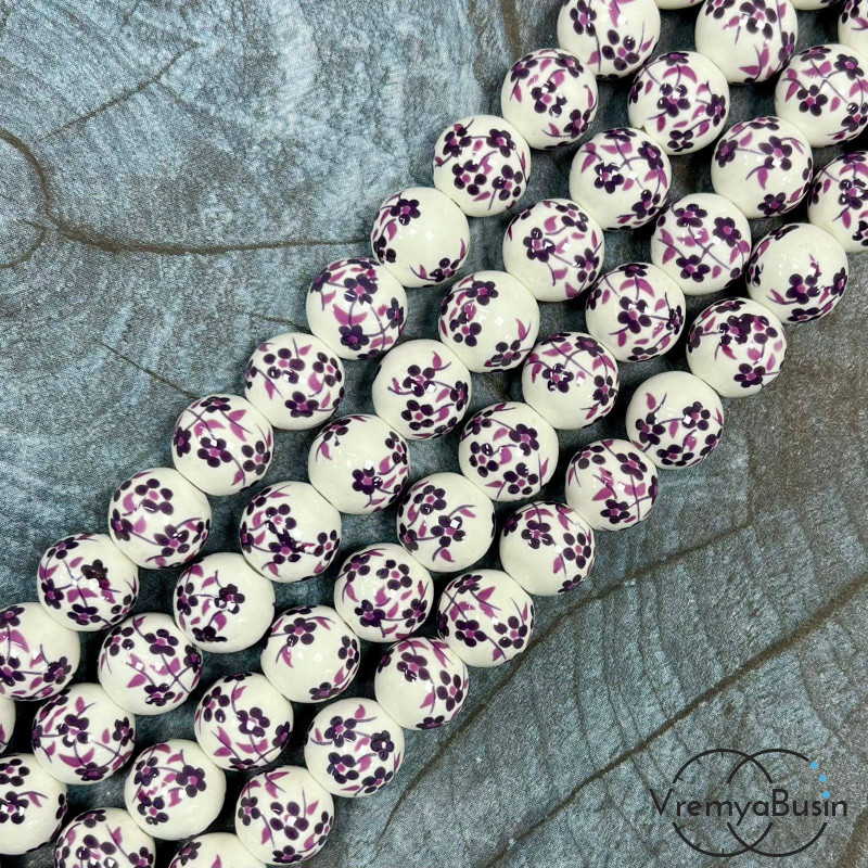 Бусина керамическая с рисунком, шарик  10 мм (нить, ок. 38 шт.)
