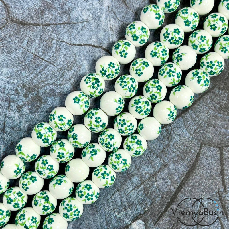 Бусина керамическая с рисунком, шарик  10 мм (нить, ок. 38 шт.)