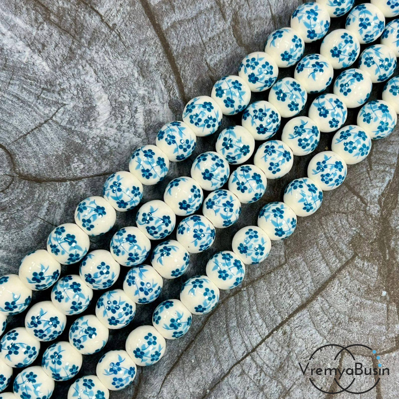 Бусина керамическая с рисунком, шарик  10 мм (нить, ок. 38 шт.)