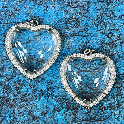 Подвеска  "Сердце", 25 мм, из латуни с родиевым покрытием, гладким стеклом и фианитами  (1 шт.)