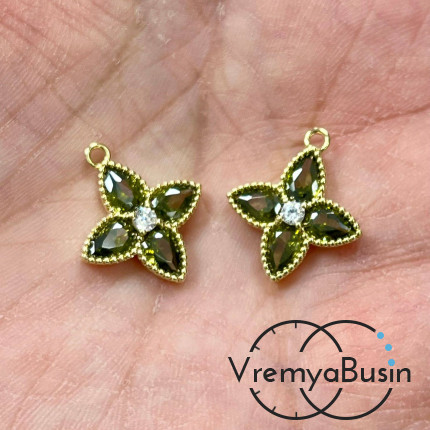 Подвеска с фианитом, цветок 16х18 мм, латунь с позолотой, цв. болотный   (1 шт.)