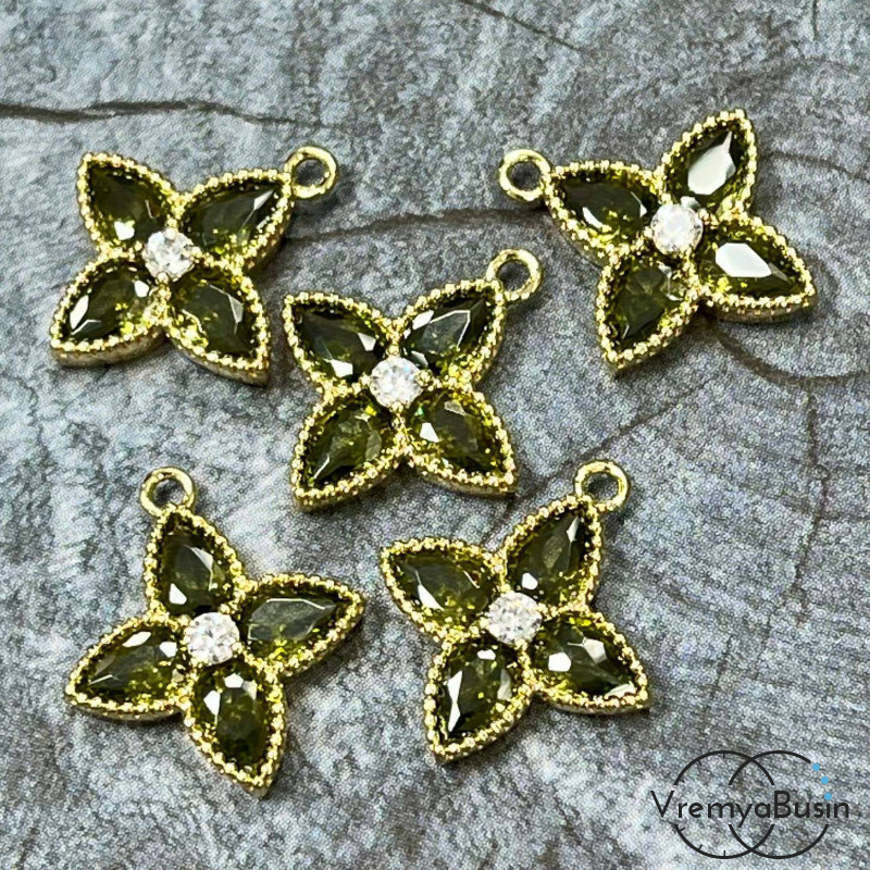 Подвеска с фианитом, цветок 16х18 мм, латунь с позолотой, цв. болотный   (1 шт.)