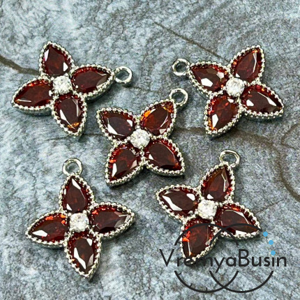 Подвеска с фианитом, цветок 16х18 мм, латунь с родиевым покрытием, цв. коньячный   (1 шт.)