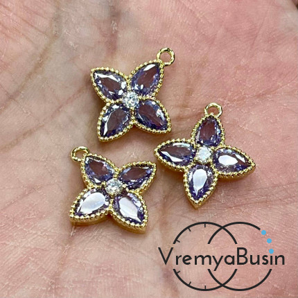 Подвеска с фианитом, цветок 16х18 мм, латунь с позолотой, цв. лиловый   (1 шт.)