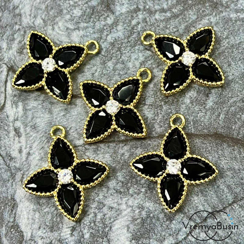 Подвеска с фианитом, цветок 16х18 мм, латунь с позолотой, цв. черный   (1 шт.)