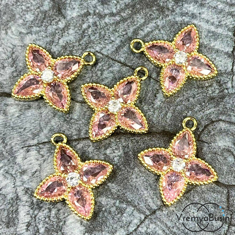 Подвеска с фианитом, цветок 16х18 мм, латунь с позолотой, цв. розовый   (1 шт.)