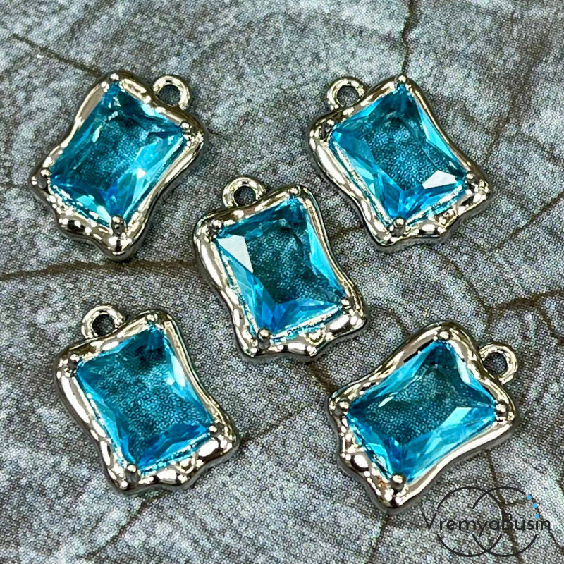 Подвеска с фианитом, прямоугольник 14х9 мм, латунь с родиевым покрытием, цв. бирюзовый   (1 шт.)