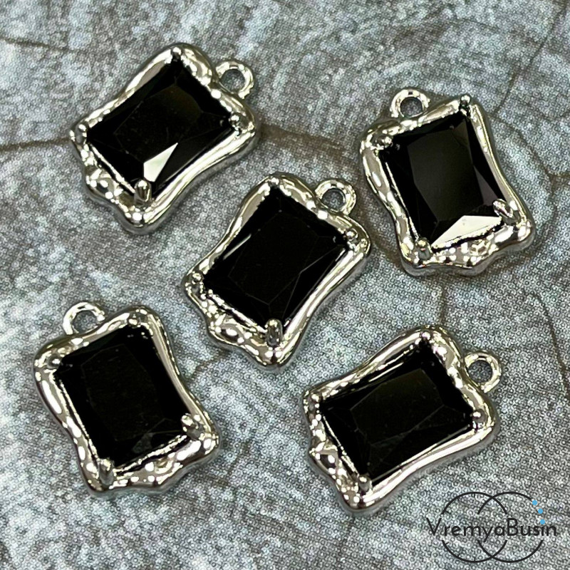 Подвеска с фианитом, прямоугольник 14х9 мм, латунь с родиевым покрытием, цв. черный   (1 шт.)